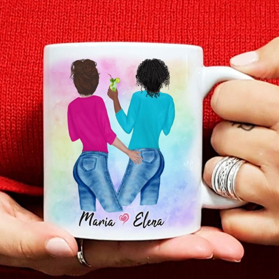 Tazza regalo LGBT personalizzata con due ragazze avatar, con scelta della pettinatura e colore capelli e bandiera