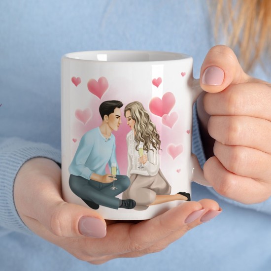 Tazza con due innamorati avatar, personalizzabile con nome, pettinatura e vestiti