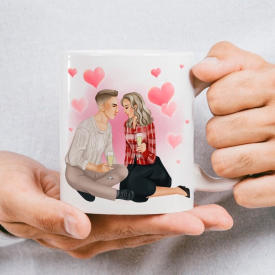 Tazza con due innamorati avatar, personalizzabile con nome, pettinatura e vestiti