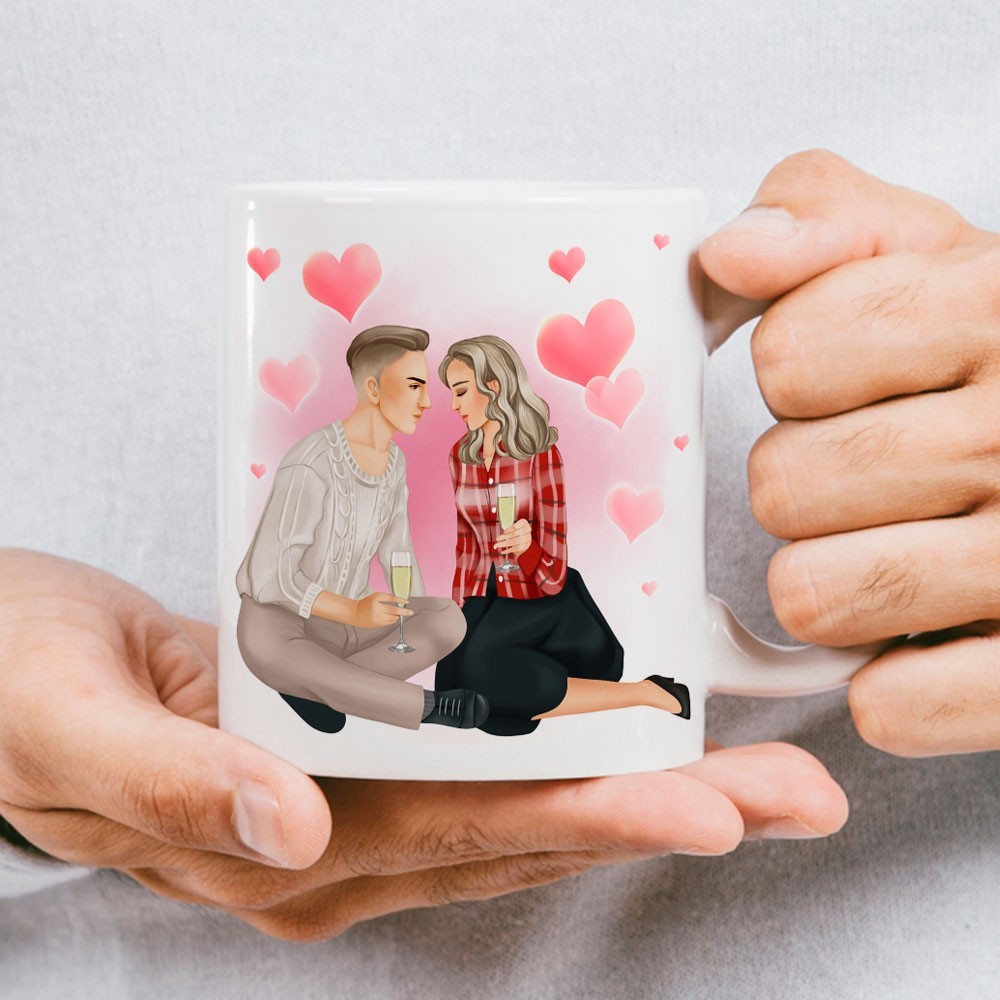 Tazza con due innamorati avatar, personalizzabile con nome, pettinatura e vestiti