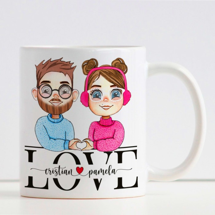 Tazza con coppia innamorati avatar completamente personalizzabile. Regalo per San Valentino, anniversario o occasione speciale