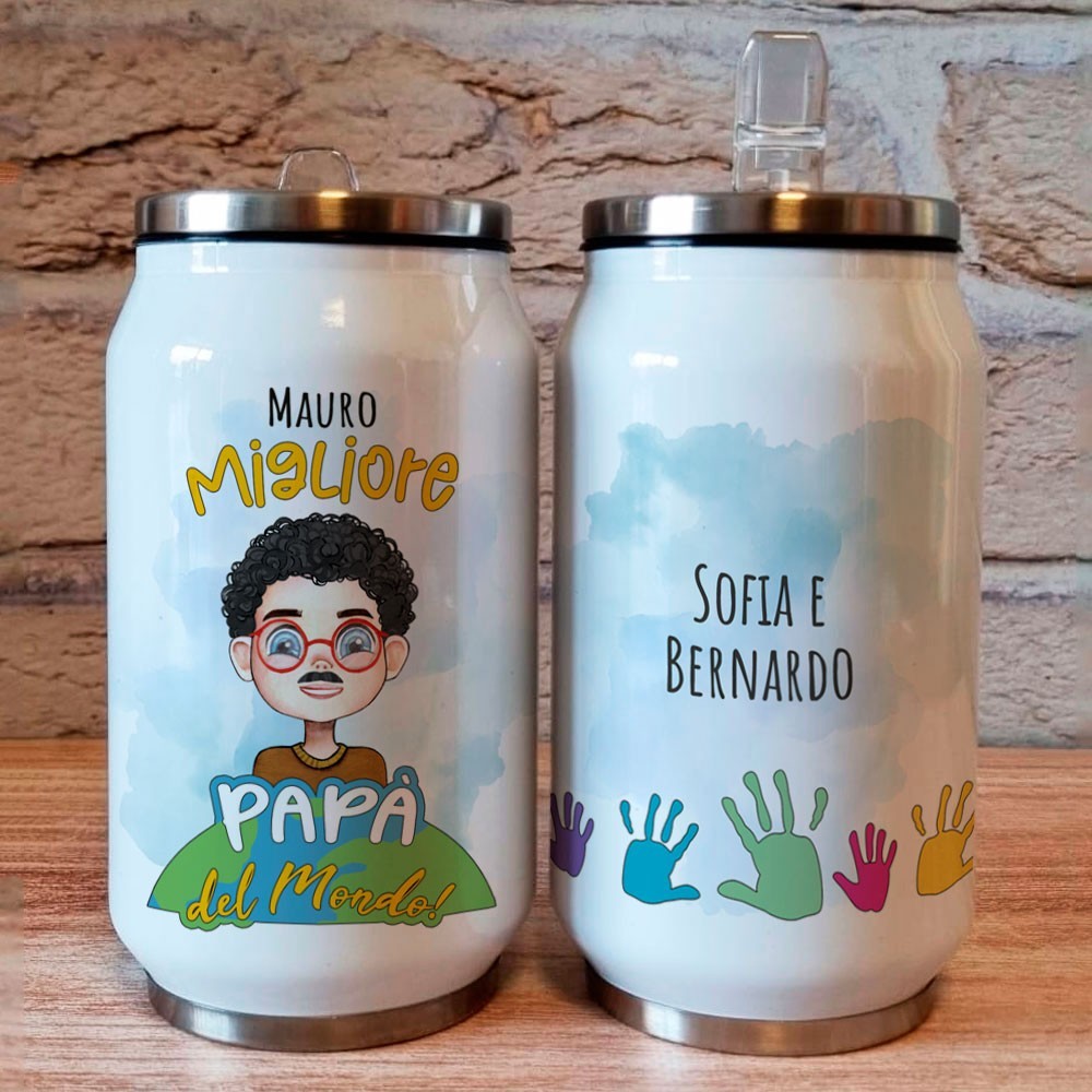 Borraccia lattina regalo per la festa del papà con personaggio avatar completamente personalizzato e nomi