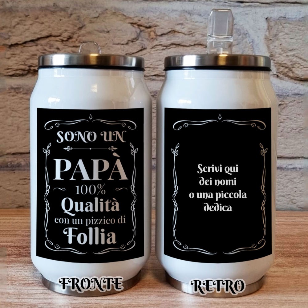 Borraccia lattina regalo per la festa del papà con grafica whisky e nome