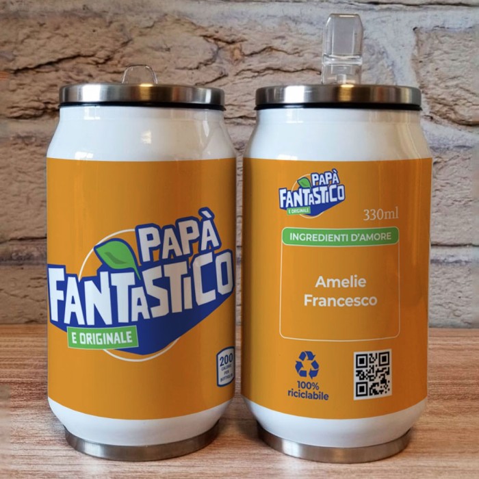 Borraccia lattina regalo per la festa del papà con grafica bibita gasata e nome