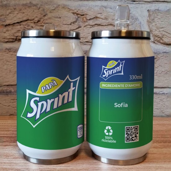 Borraccia lattina regalo per la festa del papà con grafica bibita gasata papà sprint e nome