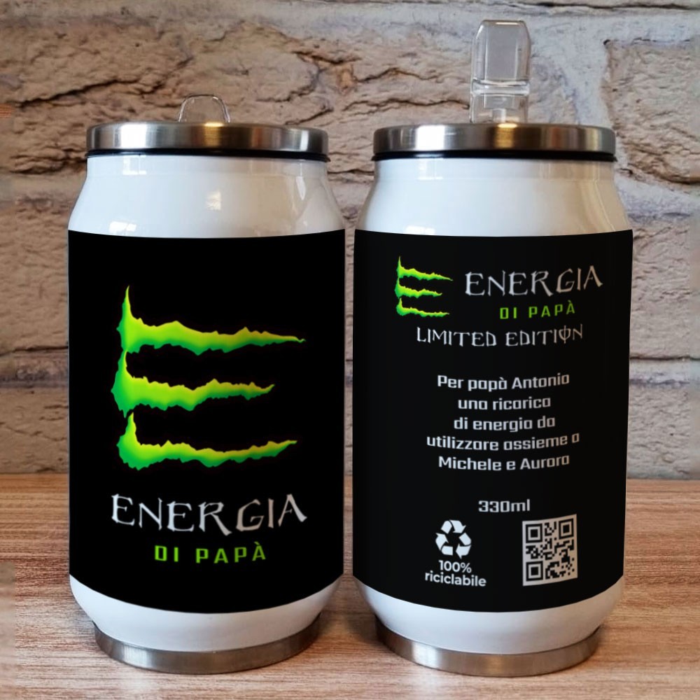 Borraccia lattina regalo per la festa del papà con grafica energy drink e nomi