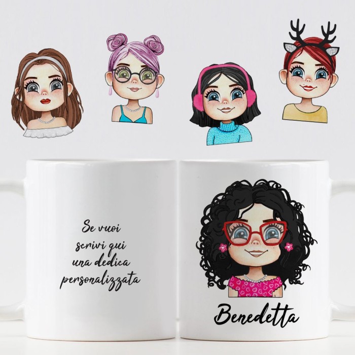 Tazza personalizzata con avatar personaggio femminile. Idea Regalo per Amiche, Colleghe e Parenti