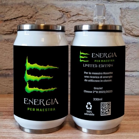 Borraccia lattina regalo personalizzato per la maestra o maestro con grafica energy drink, nome e classe