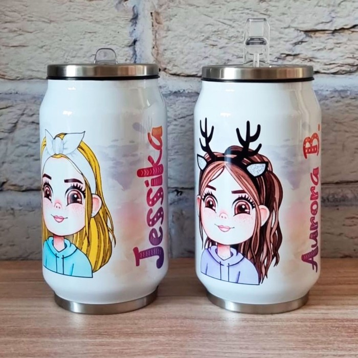 Borraccia lattina termica con ragazza / donna personaggio avatar da personalizzare con vestiti, capelli, viso, accessori e nome
