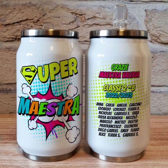 Borraccia lattina regalo personalizzato per il maestro o maestra con nome, classe e nomi di tutti i bambini