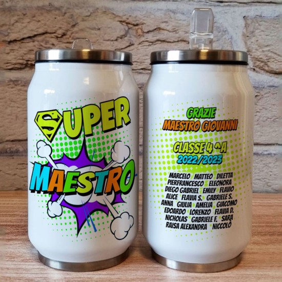 Borraccia lattina regalo personalizzato per il maestro o maestra con nome, classe e nomi di tutti i bambini
