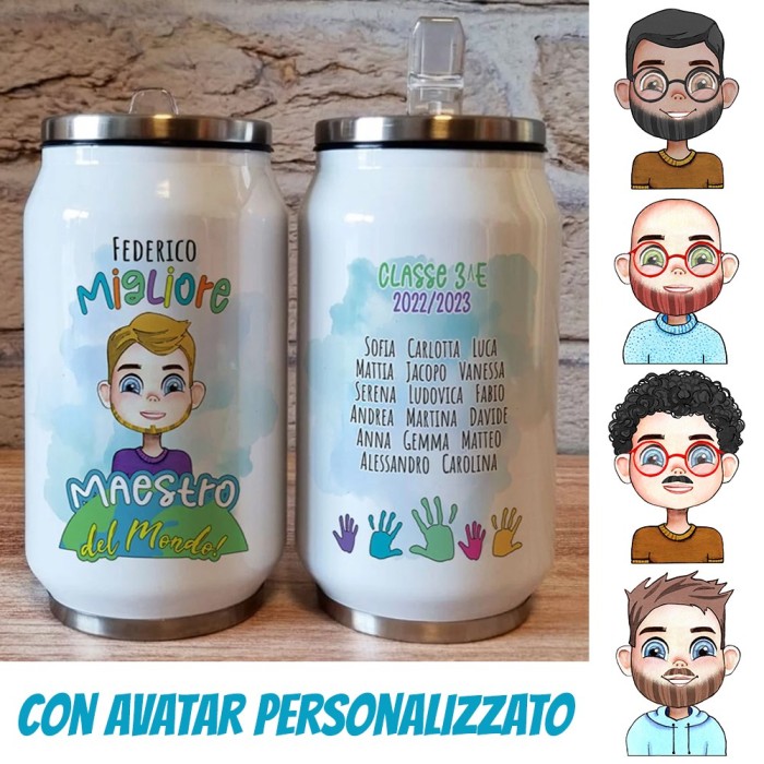 Borraccia lattina personalizzata con avatar maestro migliore del mondo e nomi