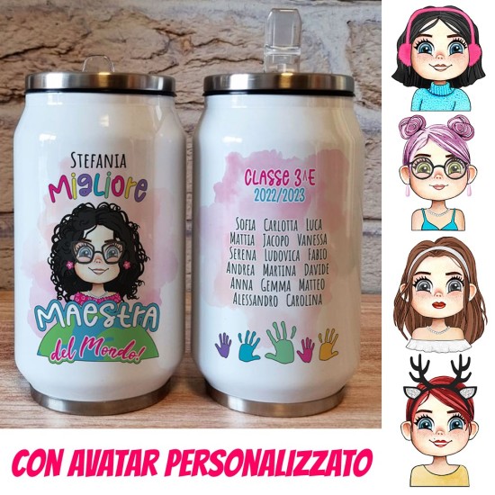 Regalo personalizzato per la maestra borraccia lattina con avatar maestra personalizzato e nomi