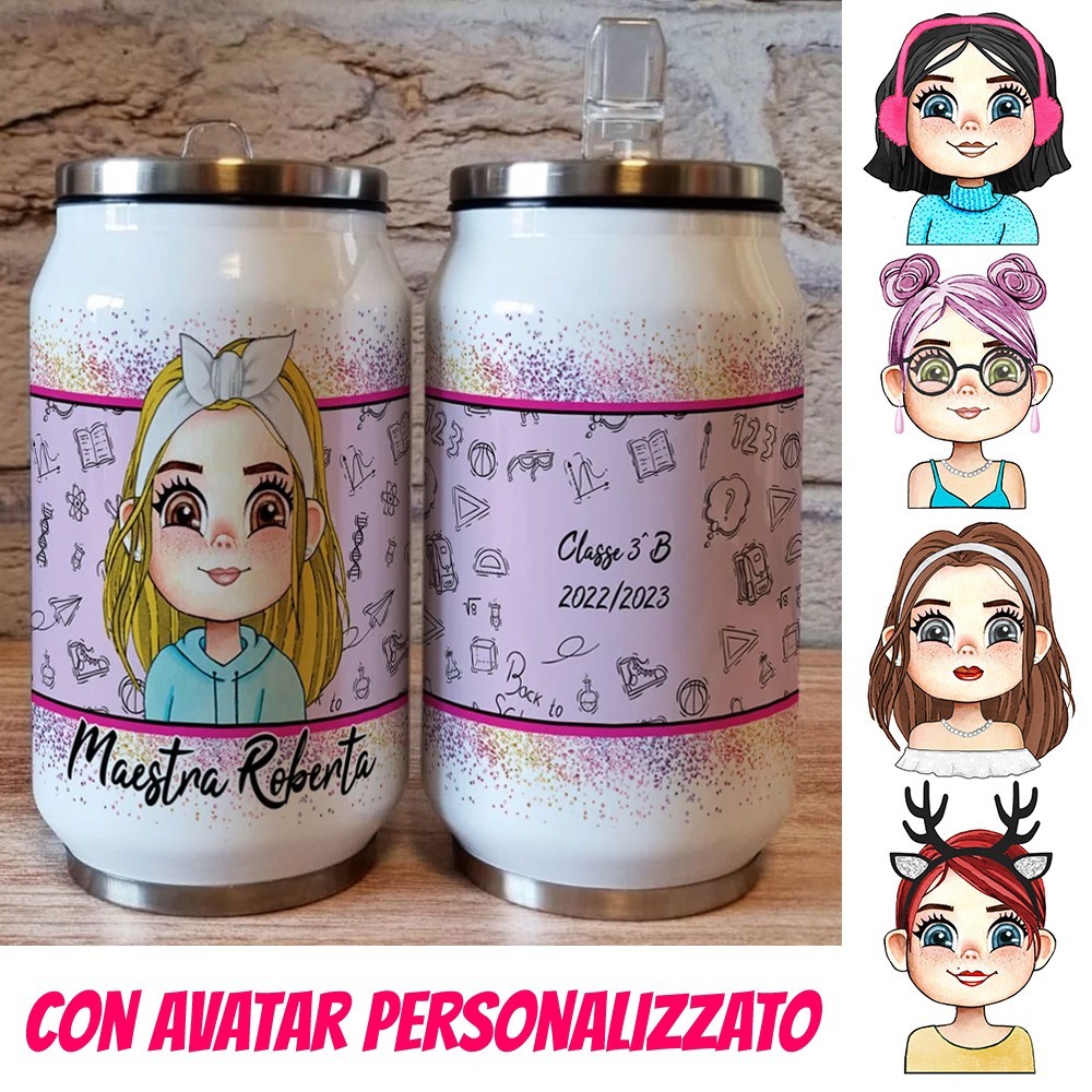 Regalo personalizzato per la maestra borraccia lattina con avatar maestra personalizzato, nome e classe