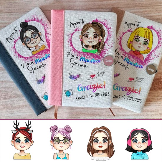 Taccuino regalo maestra con avatar personalizzato, nome e classe