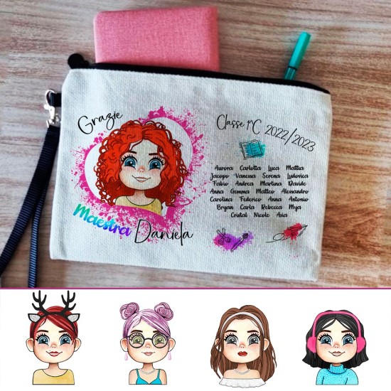 Pochette/astuccio regalo per la maestra con avatar personalizzato e nomi