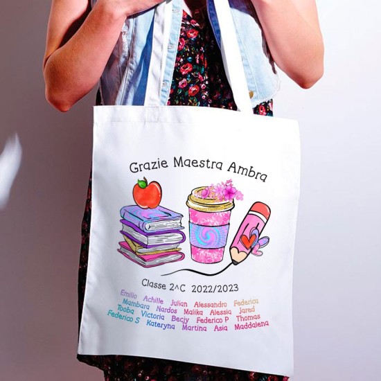 Borsa shopper regalo personalizzato per la maestra, con colorato disegno, nome maestra e nomi bambini