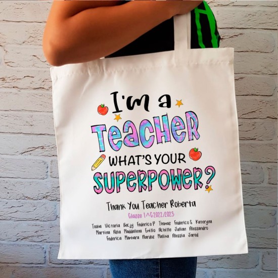 Borsa shopper regalo personalizzato per la maestra d'inglese, nomi e classe