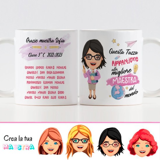 Tazza regalo per la maestra con Avatar personalizzato con vestiti, viso e capelli, e nomi sul retro