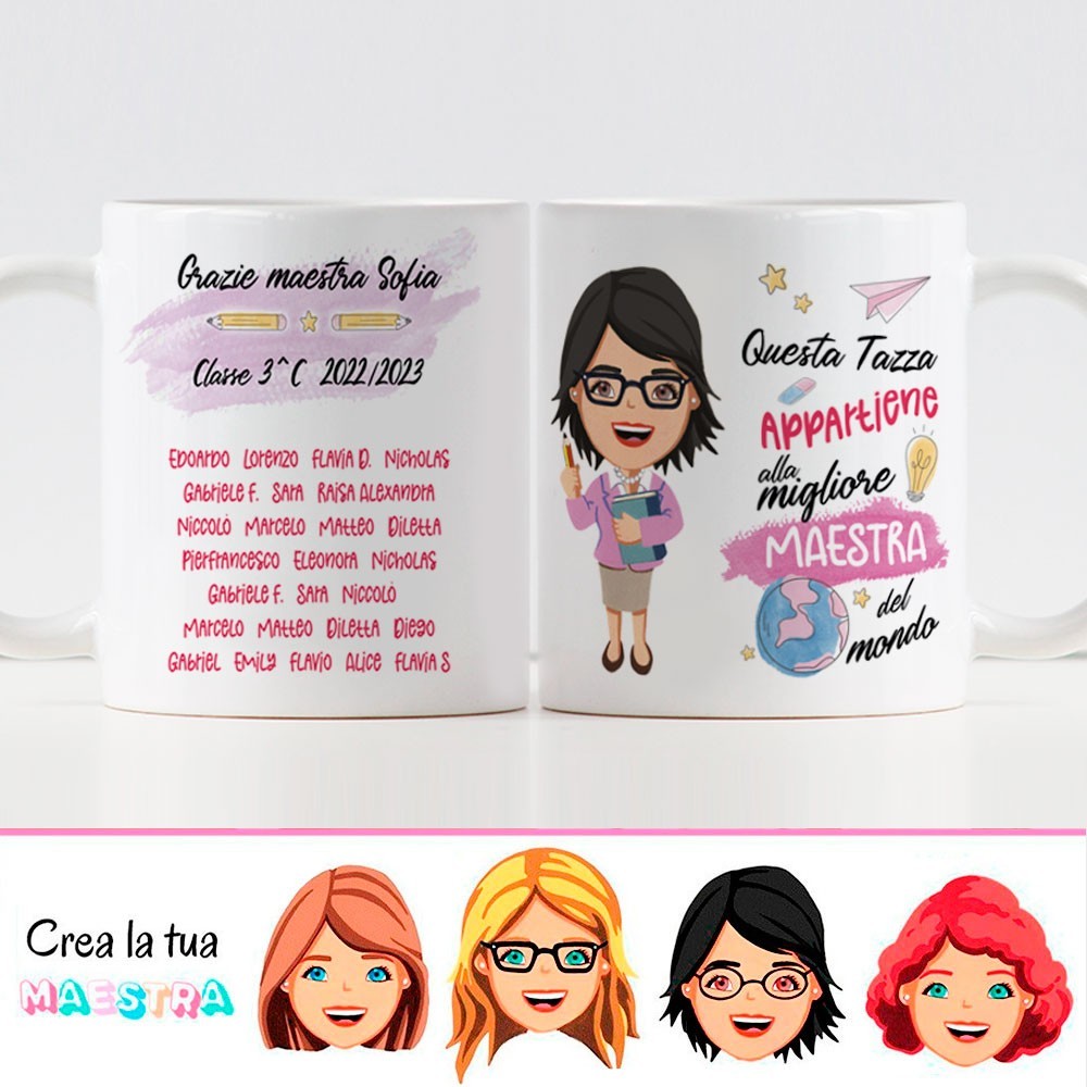 Tazza regalo per la maestra con Avatar personalizzato con vestiti, viso e capelli, e nomi sul retro