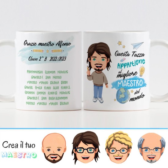 Tazza regalo per il maestro con Avatar personalizzato con vestiti, viso, capelli, e nomi sul retro
