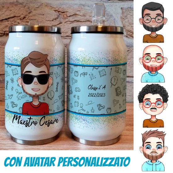 Regalo personalizzato per il maestro borraccia lattina con avatar maestro personalizzato, nome e classe