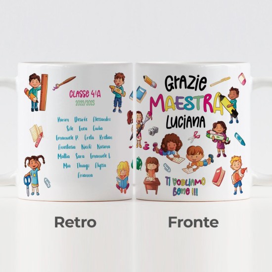 Tazza regalo personalizzato per la maestra, con colorato design e nomi bambini