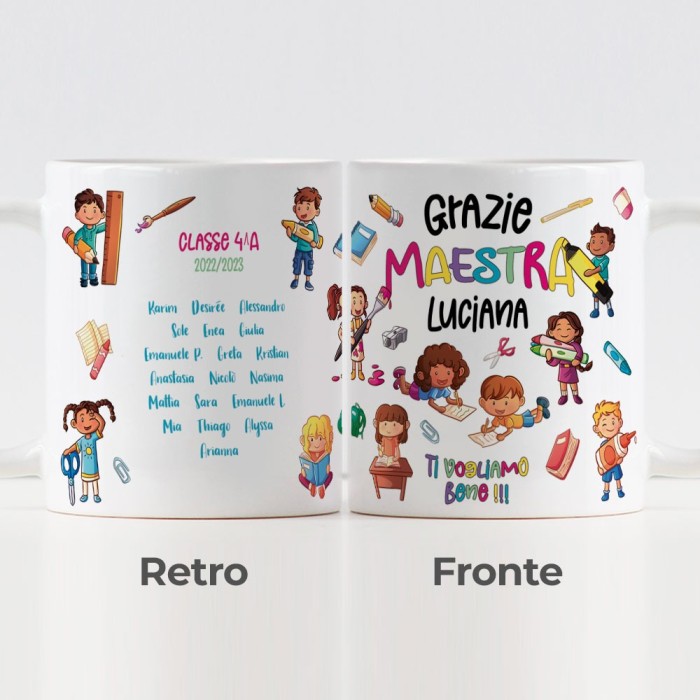 Tazza regalo personalizzato per la maestra, con colorato design e nomi bambini