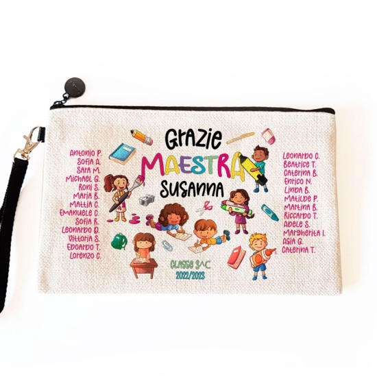 Pochette/astuccio regalo per la maestra della scuola elementare, personalizzata con design di bambini e nomi