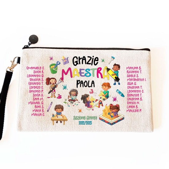 Pochette/astuccio regalo per la maestra della scuola d'infanzia o asilo nido, personalizzata con design di bambini e nomi