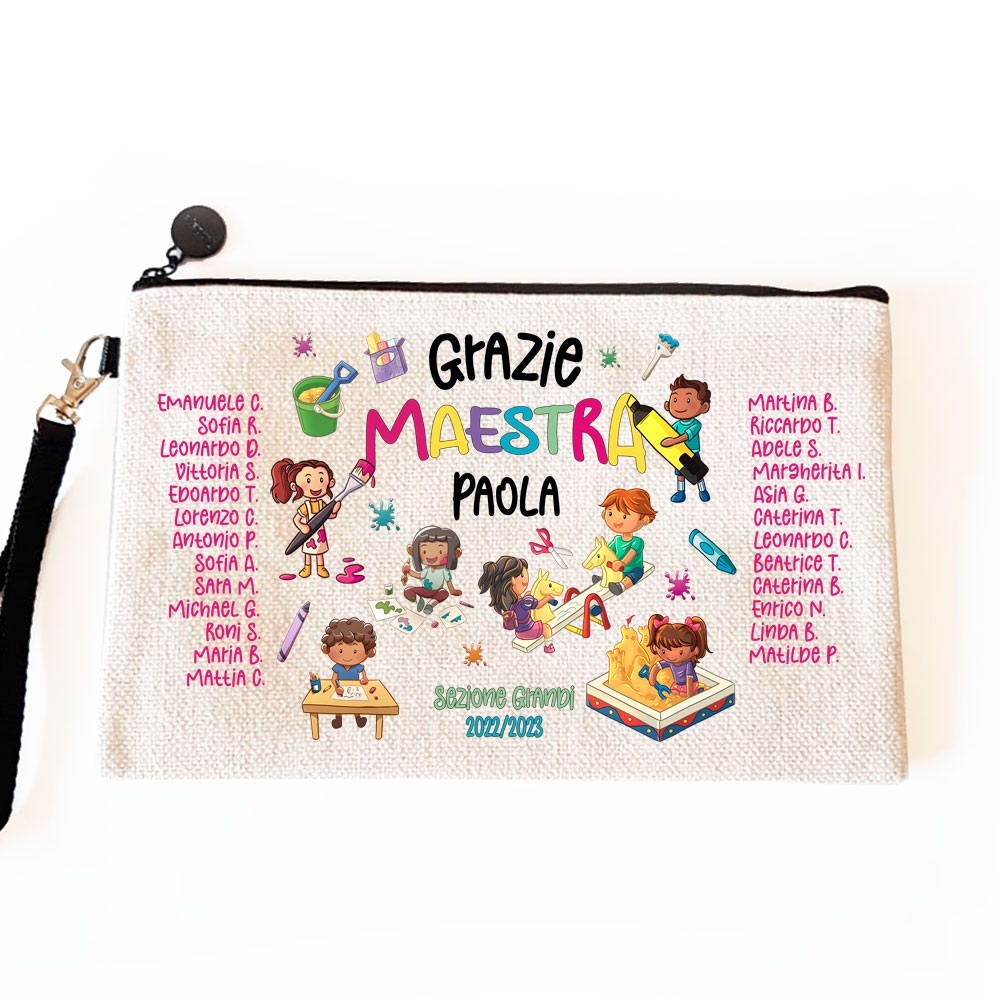 Pochette/astuccio regalo per la maestra della scuola d'infanzia o asilo nido, personalizzata con design di bambini e nomi