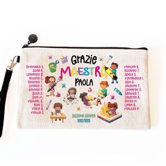 Pochette/astuccio regalo per la maestra della scuola d'infanzia o asilo nido, personalizzata con design di bambini e nomi