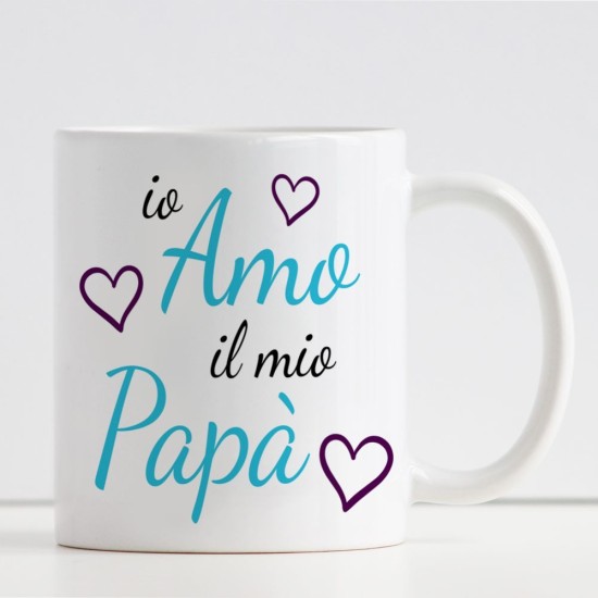 Tazza per papà con la scritta "Io amo il mio papà" ed i nomi dei bambini