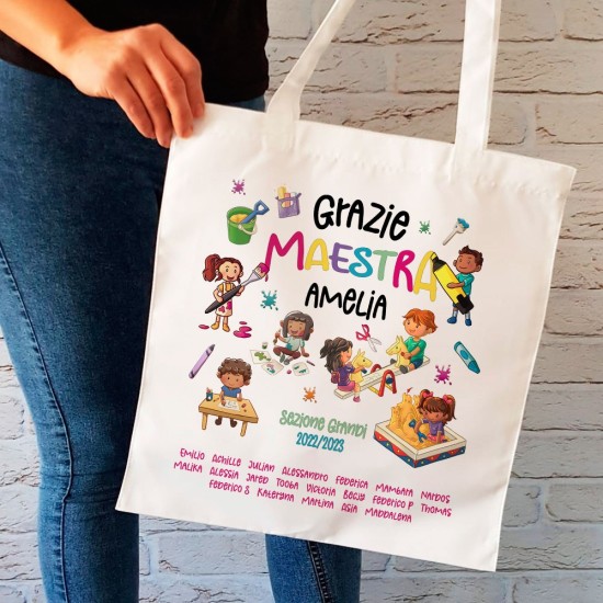 Borsa shopper regalo personalizzato per la maestra della scuola d'infanzia o asilo nido con nome maestra e nomi bambini