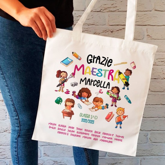 Borsa shopper regalo personalizzato per la maestra della scuola elementare e nomi