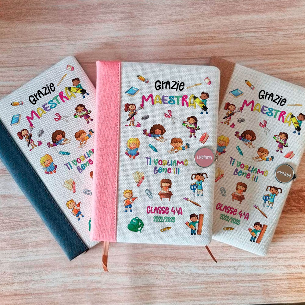 Taccuino regalo per la maestra della scuola elementare, personalizzato con colorato design con bambini, nome e classe