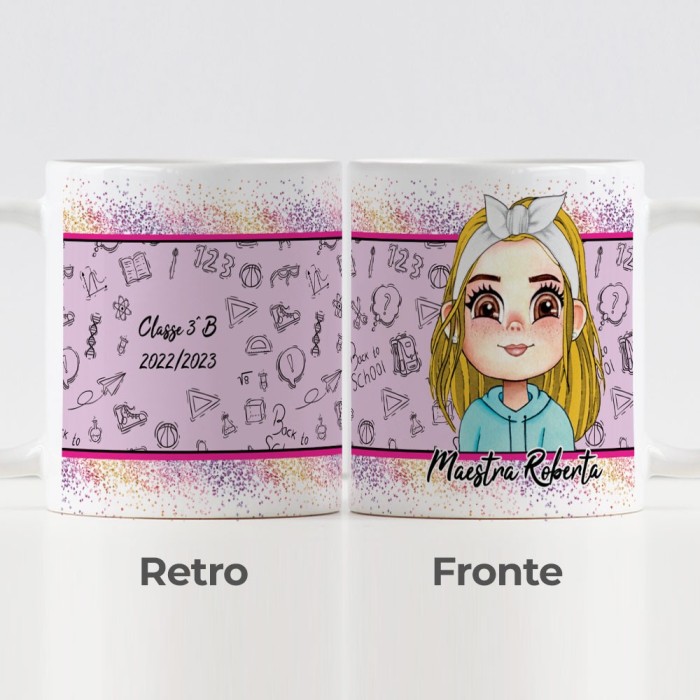 Tazza regalo con maestra Avatar personalizzata con nome, vestiti, viso, capelli, e classe