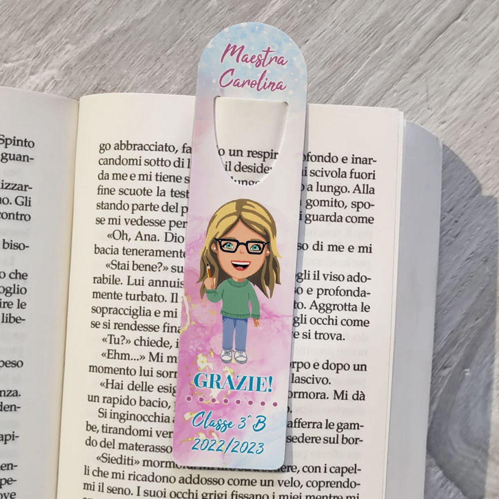 Segnalibro personalizzato con avatar maestra personaggio da creare, nome e classe