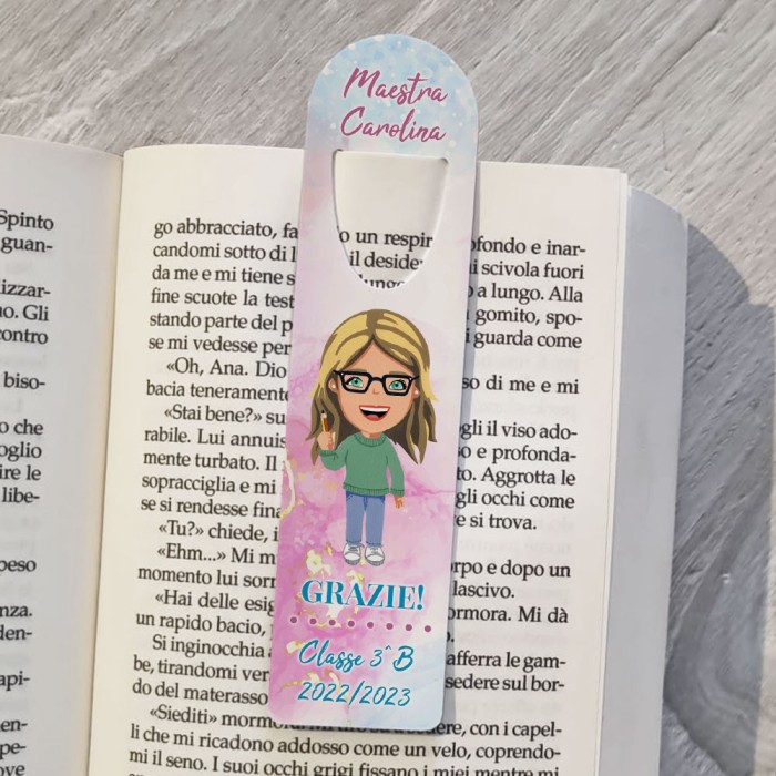 Segnalibro personalizzato con avatar maestra personaggio da creare, nome e classe