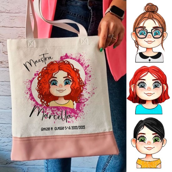 Shopper regalo personalizzato per la maestra con AVATAR personalizzato, nome e classe