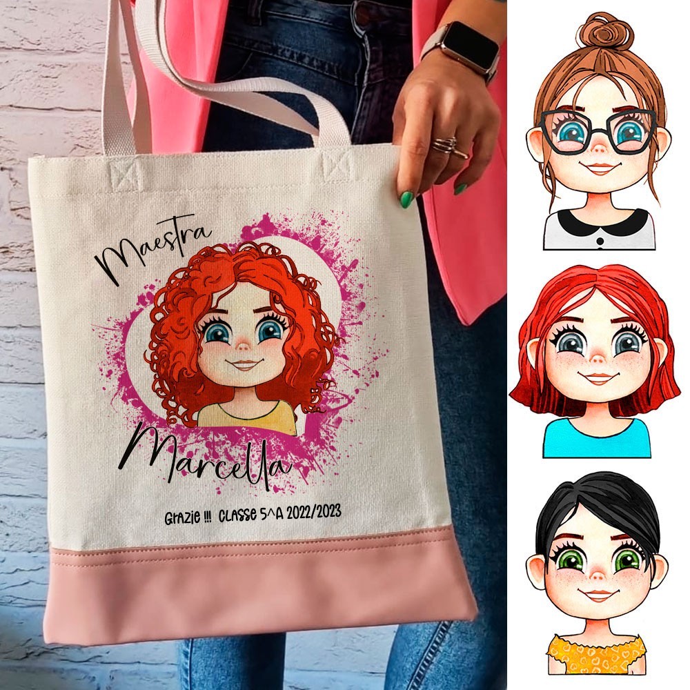 Shopper regalo personalizzato per la maestra con AVATAR personalizzato, nome e classe