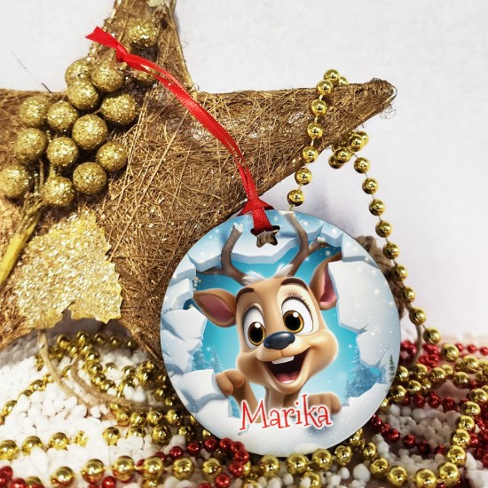 Pallina di Natale personalizzata effetto 3d con simpatica renna e nome