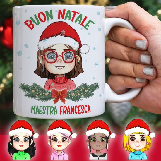 Tazza regalo per Natale per la maestra, personalizzata con avatar e nomi bambini