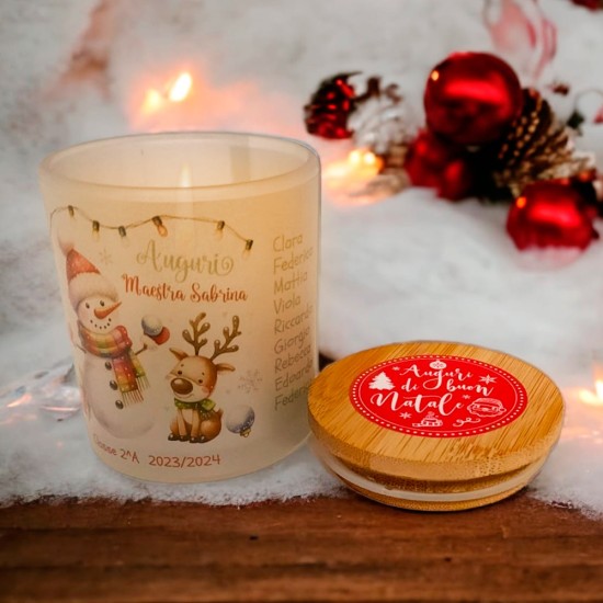 Candela profumata personalizzata regalo per la maestra, con pupazzo di neve e renna e nomi