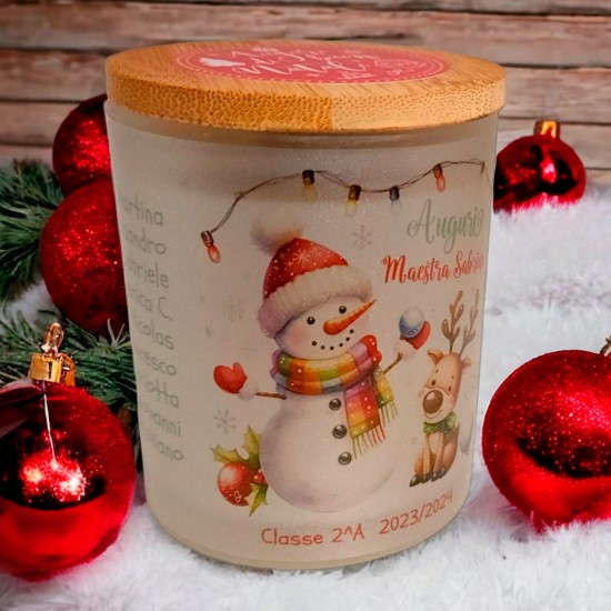 Candela profumata personalizzata regalo per la maestra, con pupazzo di neve e renna e nomi