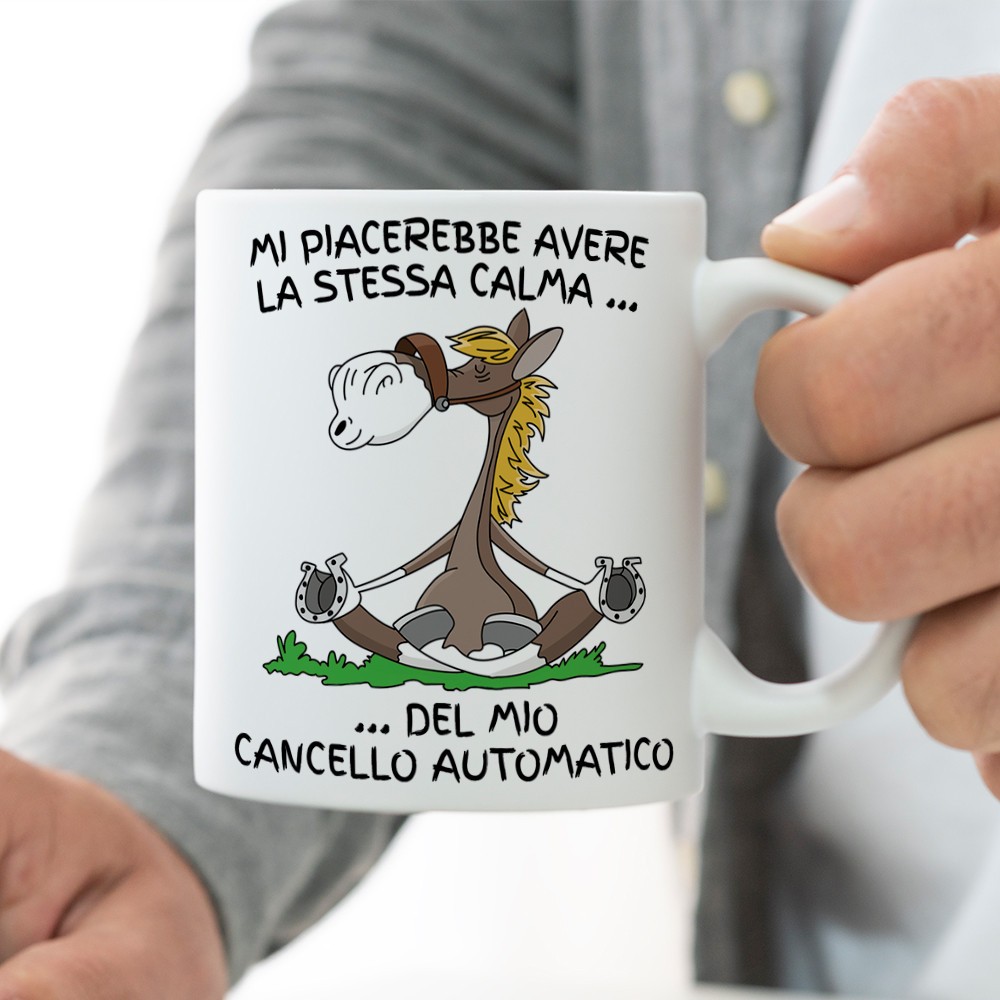 Tazza personalizzata con frase ironica "Mi piacerebbe avere la stessa calma del mio cancello automatico" e nome