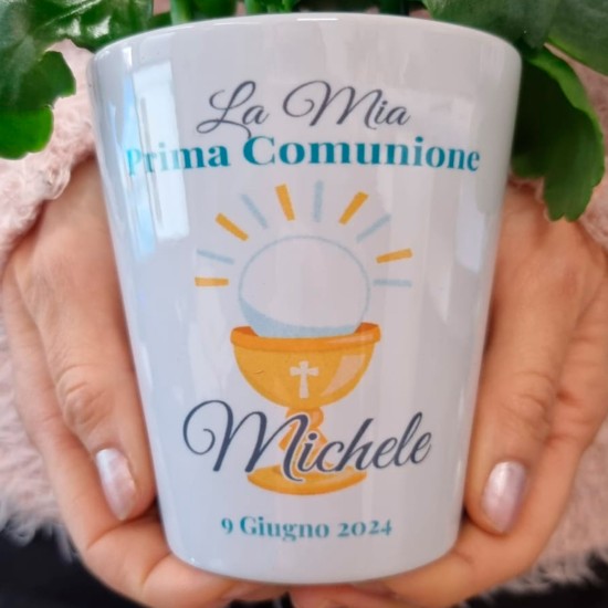 Bomboniera comunione bambino vasetto personalizzato con calice, nome e data