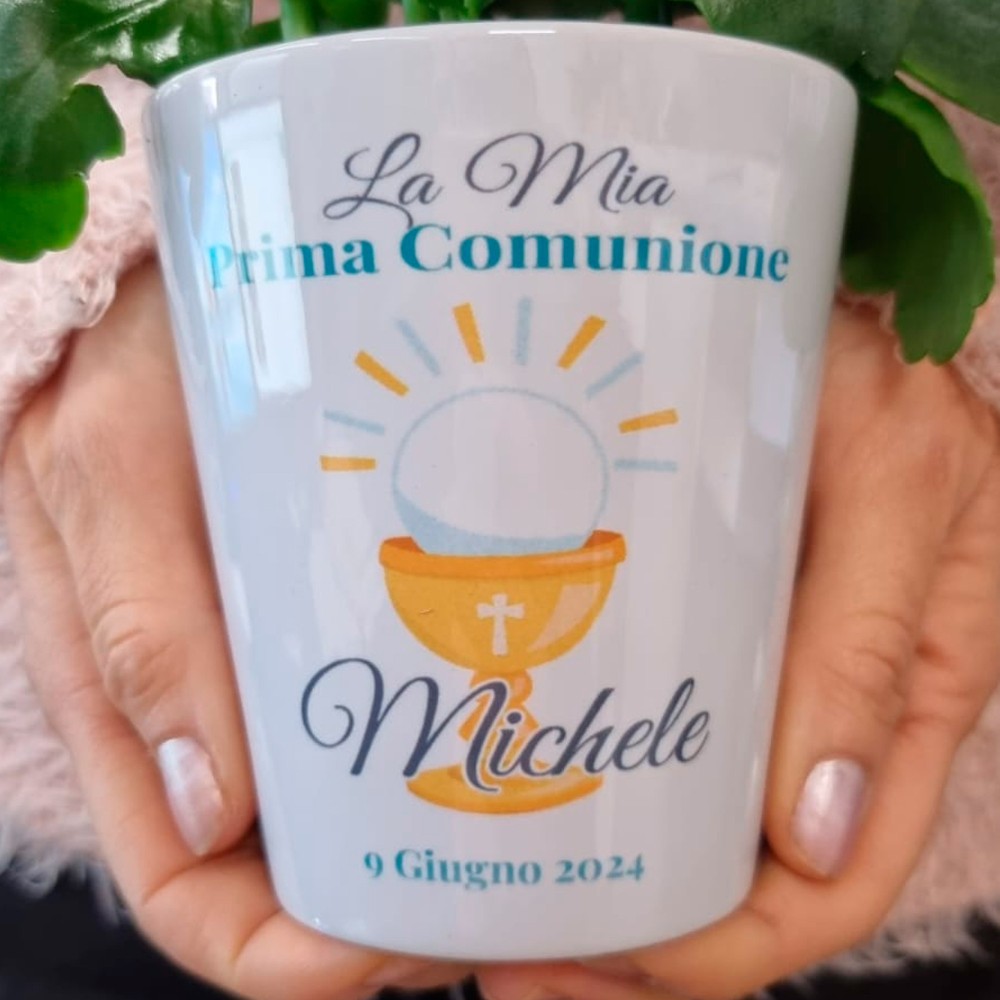 Bomboniera comunione bambino vasetto personalizzato con calice, nome e data