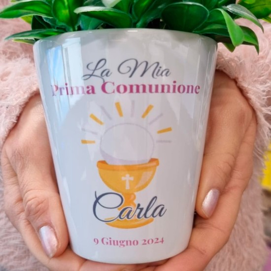 Bomboniera prima comunione bambina vasetto personalizzato con calice, nome e data