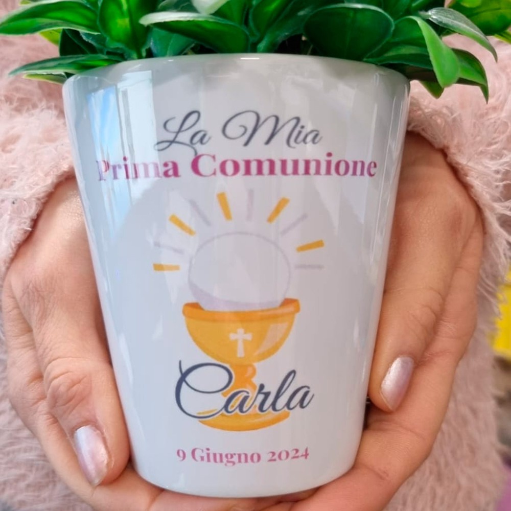 Bomboniera prima comunione bambina vasetto personalizzato con calice, nome e data
